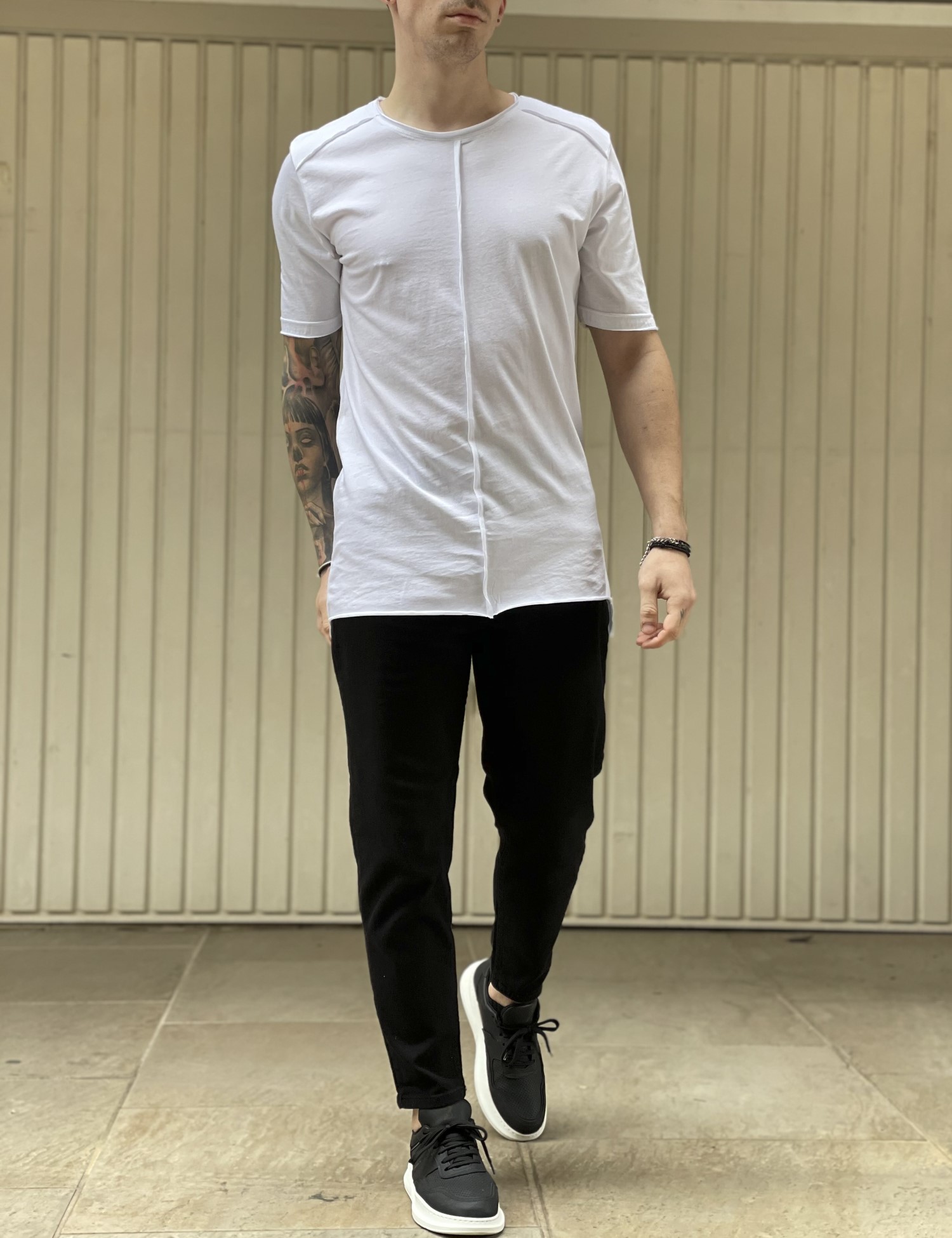NDC ανδρικό λευκό ασύμμετρο T-shirt με ραφή 232917W φωτογραφία